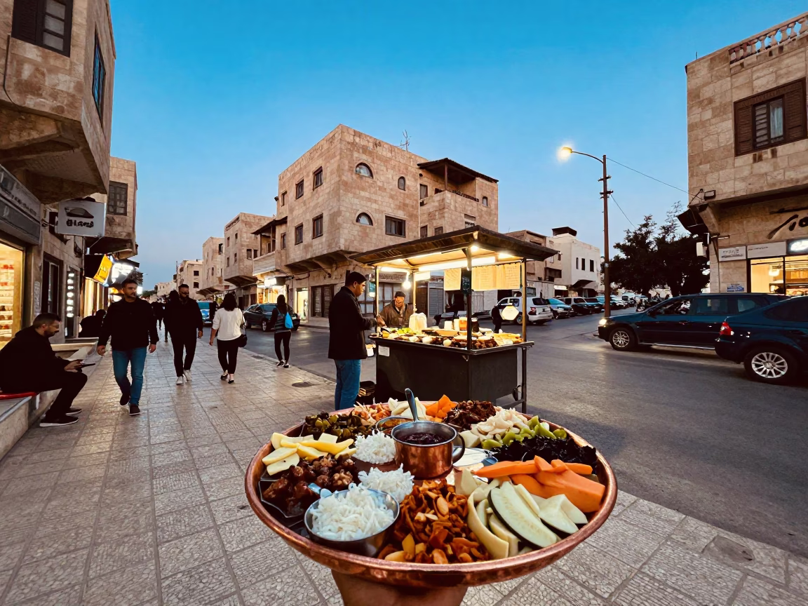 Amman Jordan Blue Hour Street Scene with Copper Mezze Tray and Urban Life in in Amman, Jordan