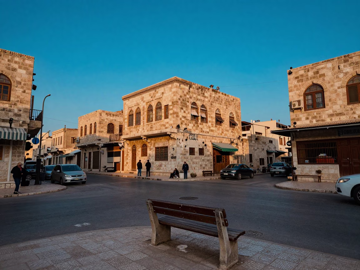 Amman Jordan Blue Hour Street Scene with Dusty Bench and Local Interaction in in Amman, Jordan