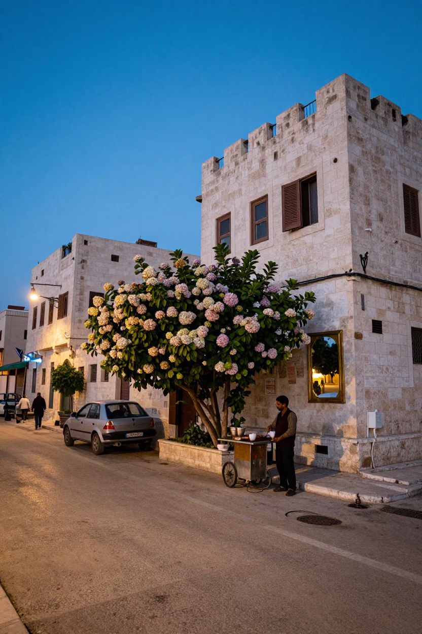 Amman Jordan Blue Hour Street Scene with Hydrangea Bush and Brass Mirror Detail in in Amman, Jordan