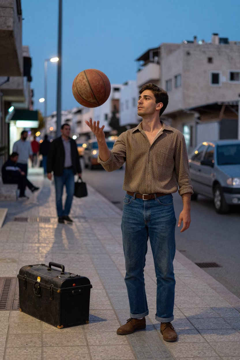 Amman Jordan Blue Hour Street Scene with Leather Basketball and Vintage Toolbox in in Amman, Jordan