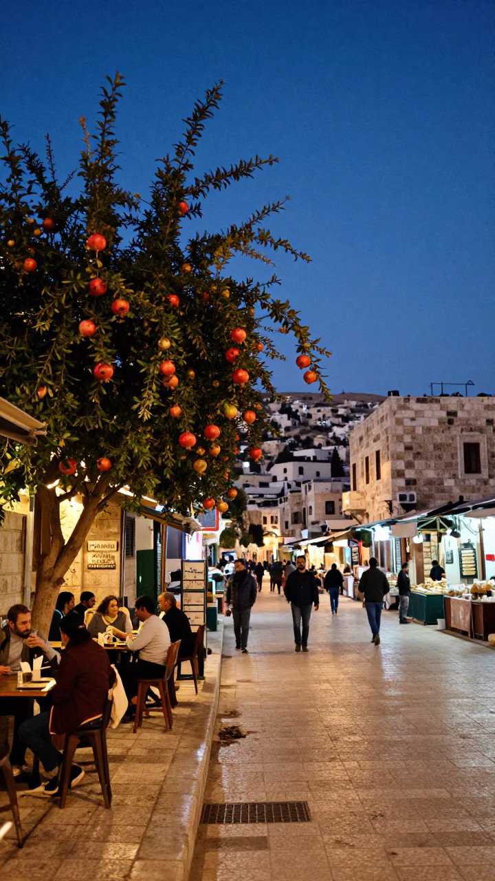 Amman Jordan Blue Hour Street Scene with Pomegranate Tree and Local Market Activity in in Amman, Jordan