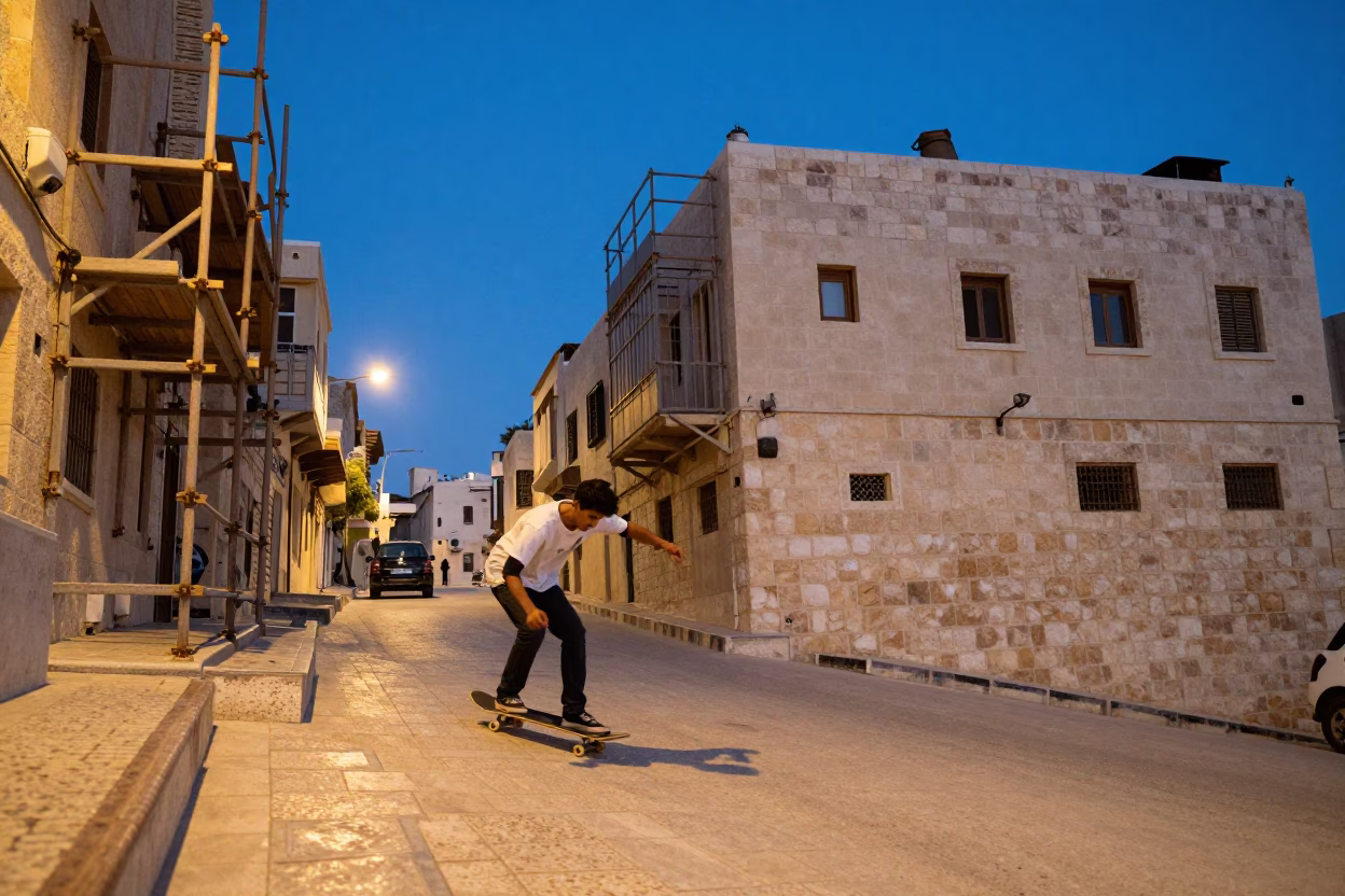 Amman Jordan Blue Hour Street Scene With Skateboarder And Scaffold Geometry in in Amman, Jordan