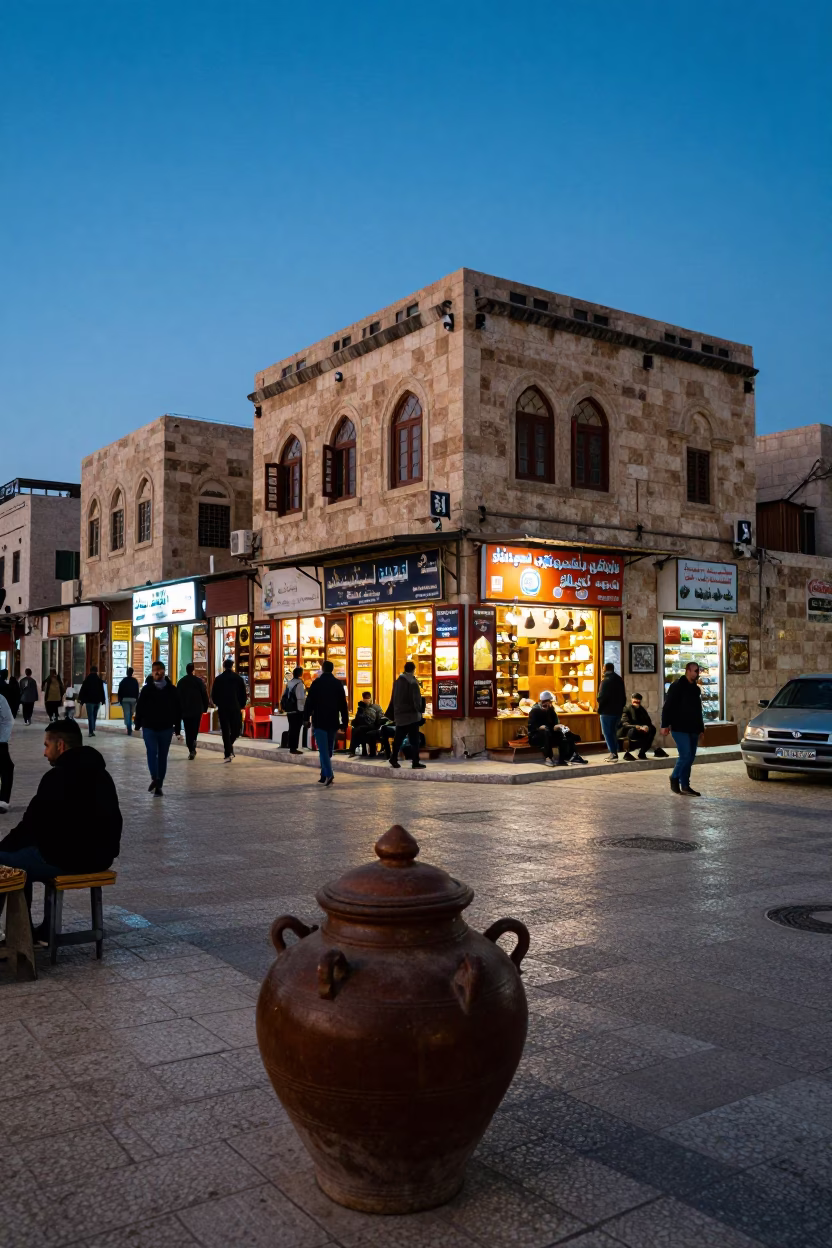 Amman Jordan Blue Hour Street Scene with Spice Jar and Local Commerce in in Amman, Jordan