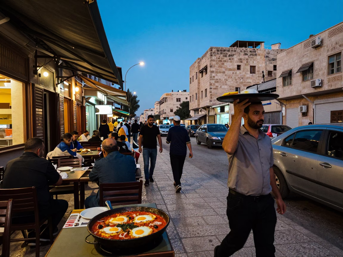 Amman Jordan Blue Hour Street Scene with Traditional Food and Urban Life in in Amman, Jordan