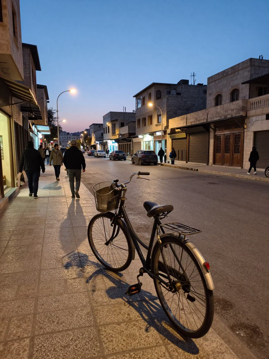 Amman Jordan Blue Hour Street Scene with Vintage Bicycle and Local Life in in Amman, Jordan