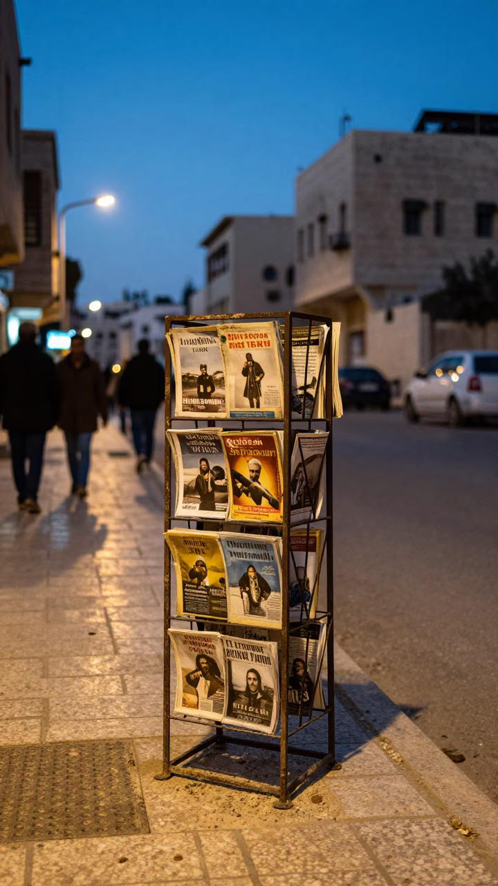 Amman Jordan Blue Hour Street Scene with Vintage Magazine Rack and Nickel Details in in Amman, Jordan