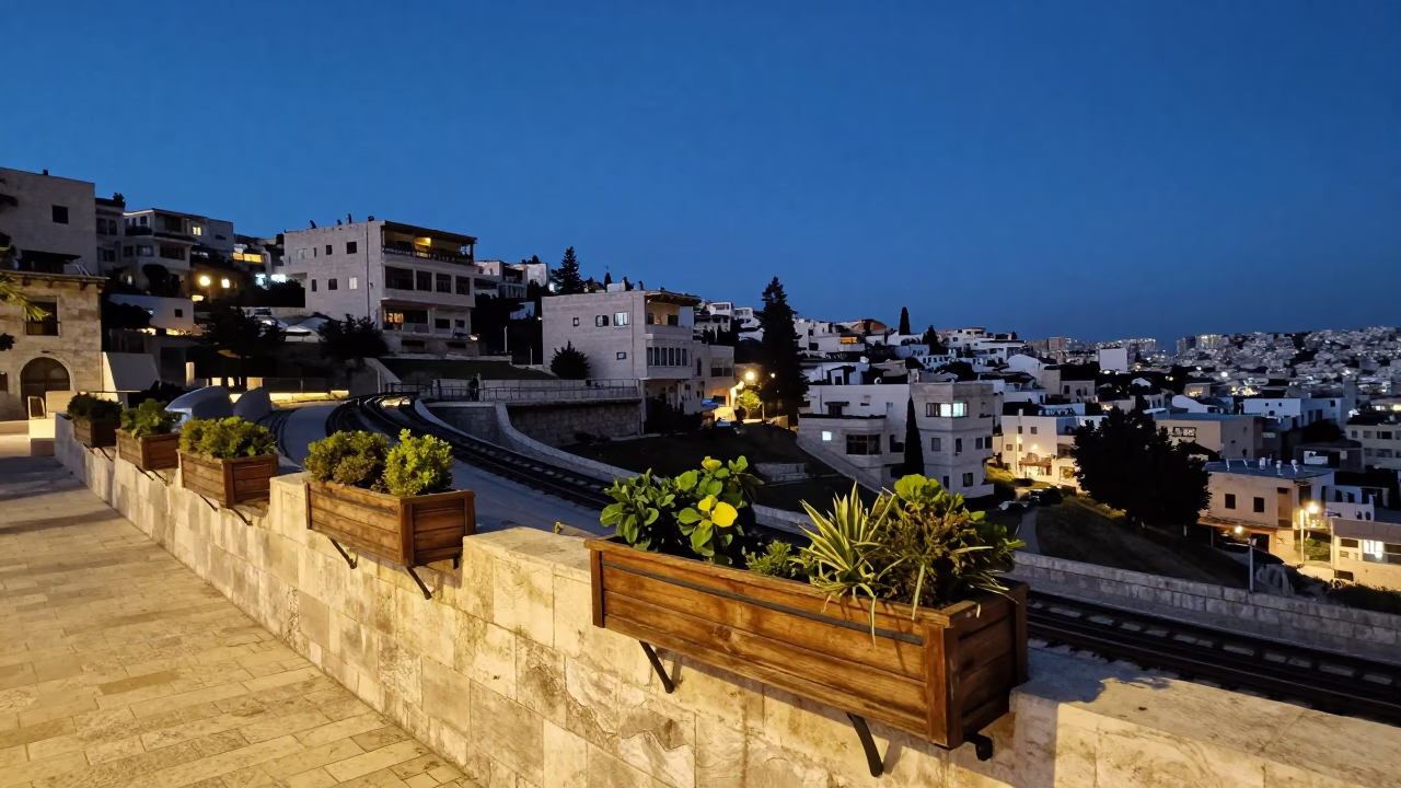 Amman Jordan Blue Hour Street Scene with Window Boxes and Funicular Railway in in Amman, Jordan