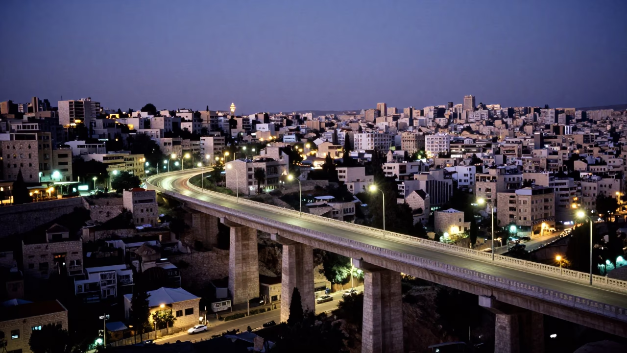 Amman Jordan City Lights Glow Evening Street Scene Concrete Viaduct Valley in in Amman, Jordan