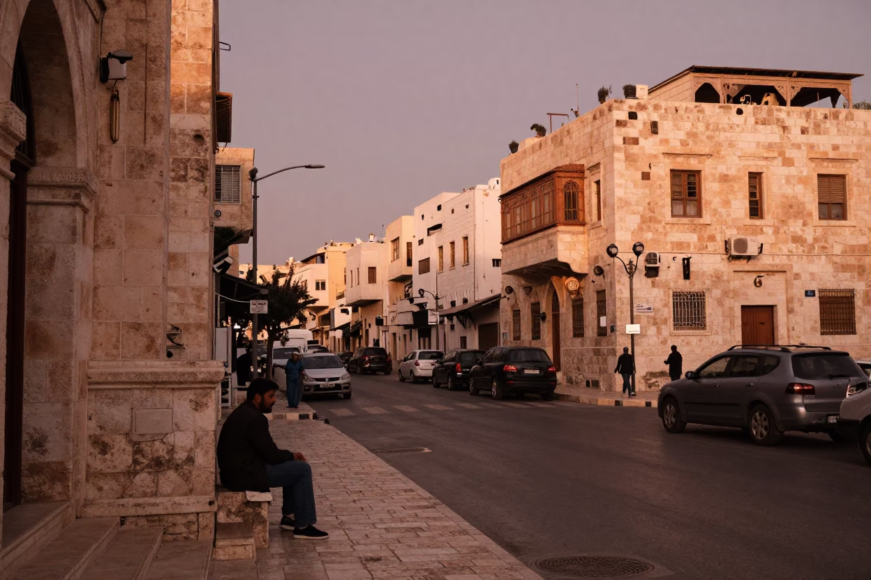 Amman Jordan Copper Toned Light Dusk Street Scene with Stone Bowl in in Amman, Jordan