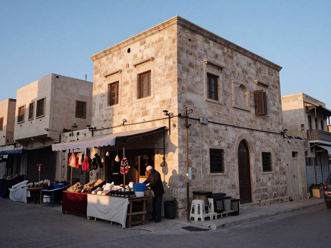 Amman Jordan Dawn Light on Stone Facade and Market Stall with Folding Ruler in in Amman, Jordan