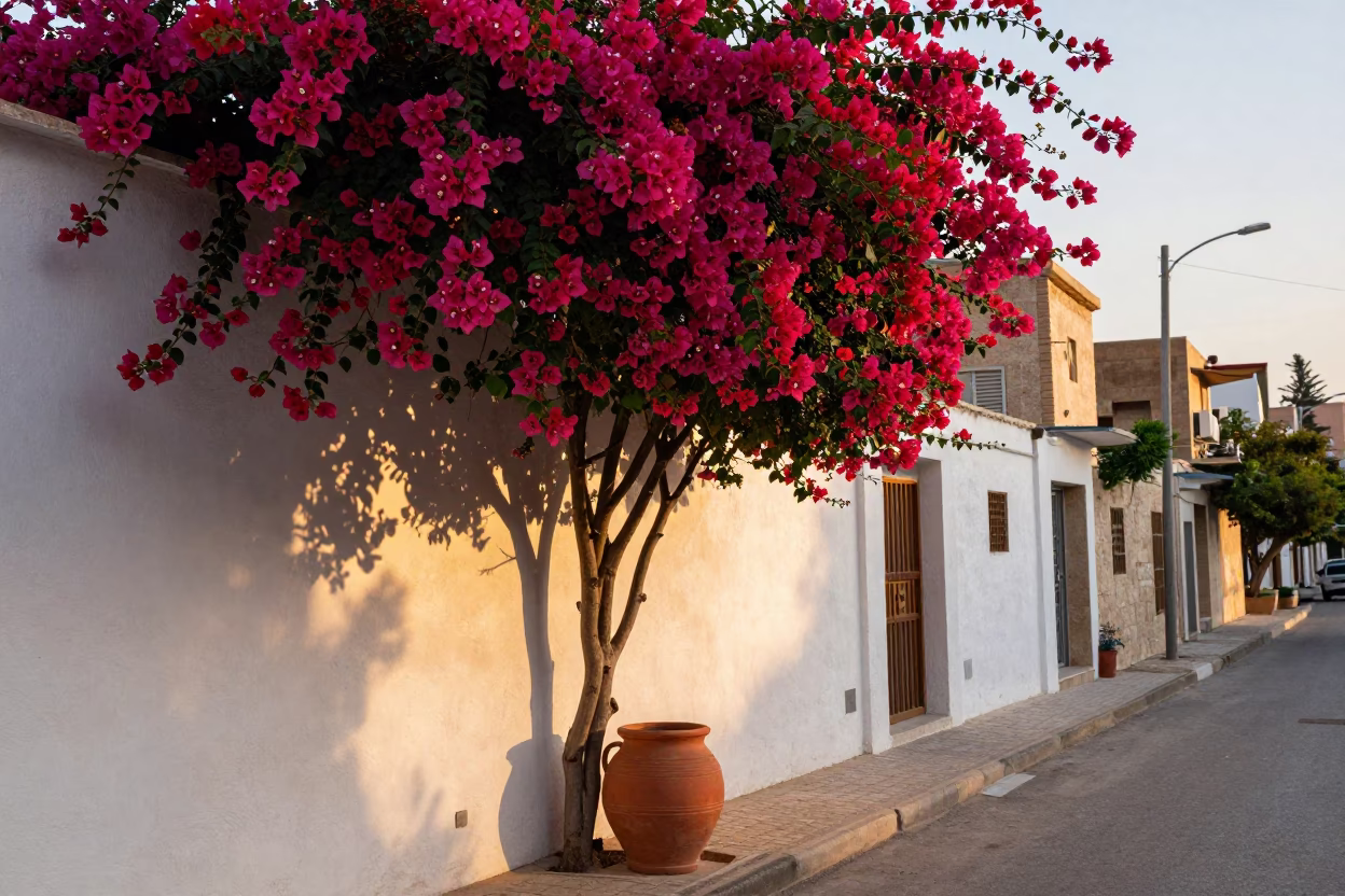 Amman Jordan Dawn Street Scene Bougainvillea and Clay Pot on White Wall in in Amman, Jordan
