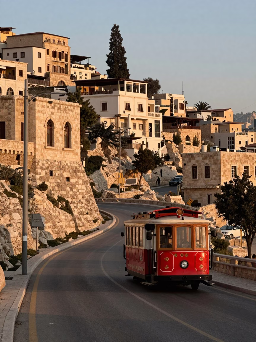 Amman Jordan Dawn Street Scene with Cable Car and Classic Bus in 1980s Realism in in Amman, Jordan