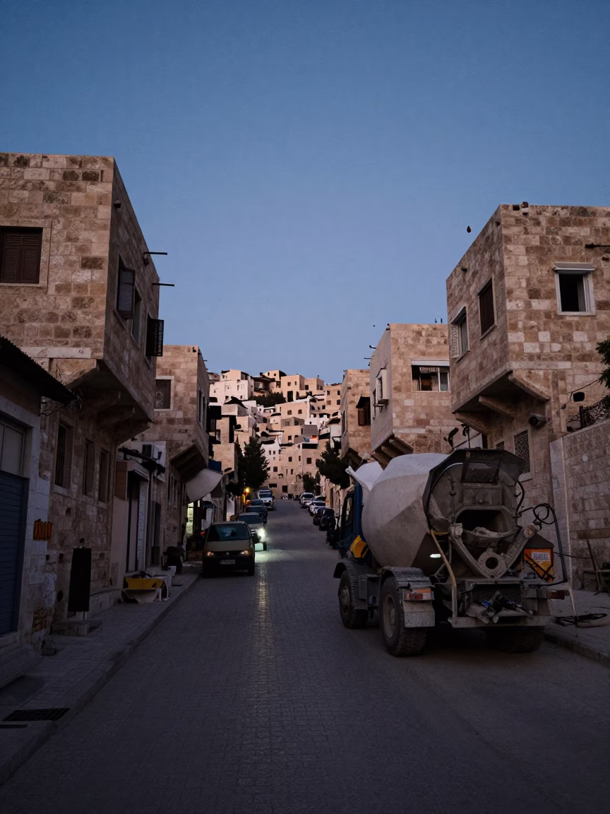 Amman Jordan Dawn Street Scene with Cement Mixer and Construction Site in in Amman, Jordan