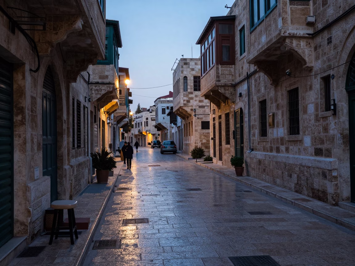 Amman Jordan Dawn Street Scene with Kitchen Stool and Condensation on Glass in in Amman, Jordan