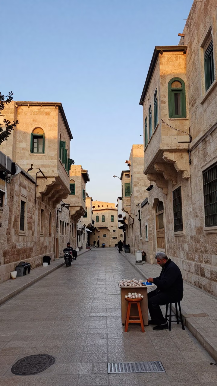 Amman Jordan Dawn Street Scene with Kitchen Stool and Garlic Press in in Amman, Jordan