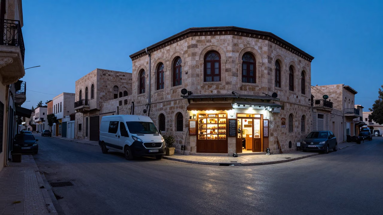 Amman Jordan Dawn Street Scene with Local Bakery and Tea Tin in in Amman, Jordan