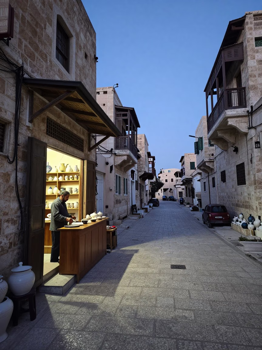 Amman Jordan Dawn Street Scene with Local Shopkeeper and Ceramic Jar in in Amman, Jordan