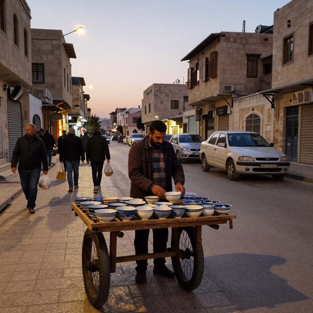 Amman Jordan Dawn Street Scene with Local Vendor and Ceramic Bowls in in Amman, Jordan