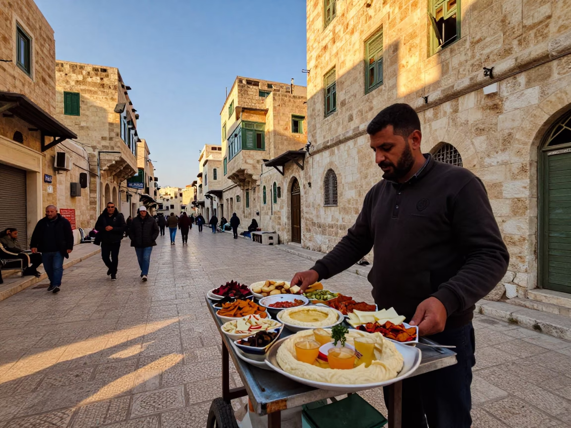 Amman Jordan Dawn Street Scene with Mezze Platter and Local Interaction in in Amman, Jordan