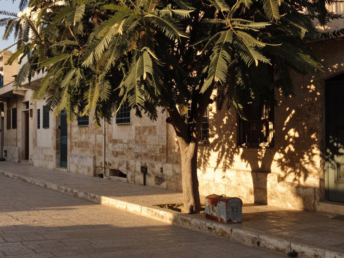 Amman Jordan Dawn Street Scene with Tamarind Tree and Tin Box in in Amman, Jordan