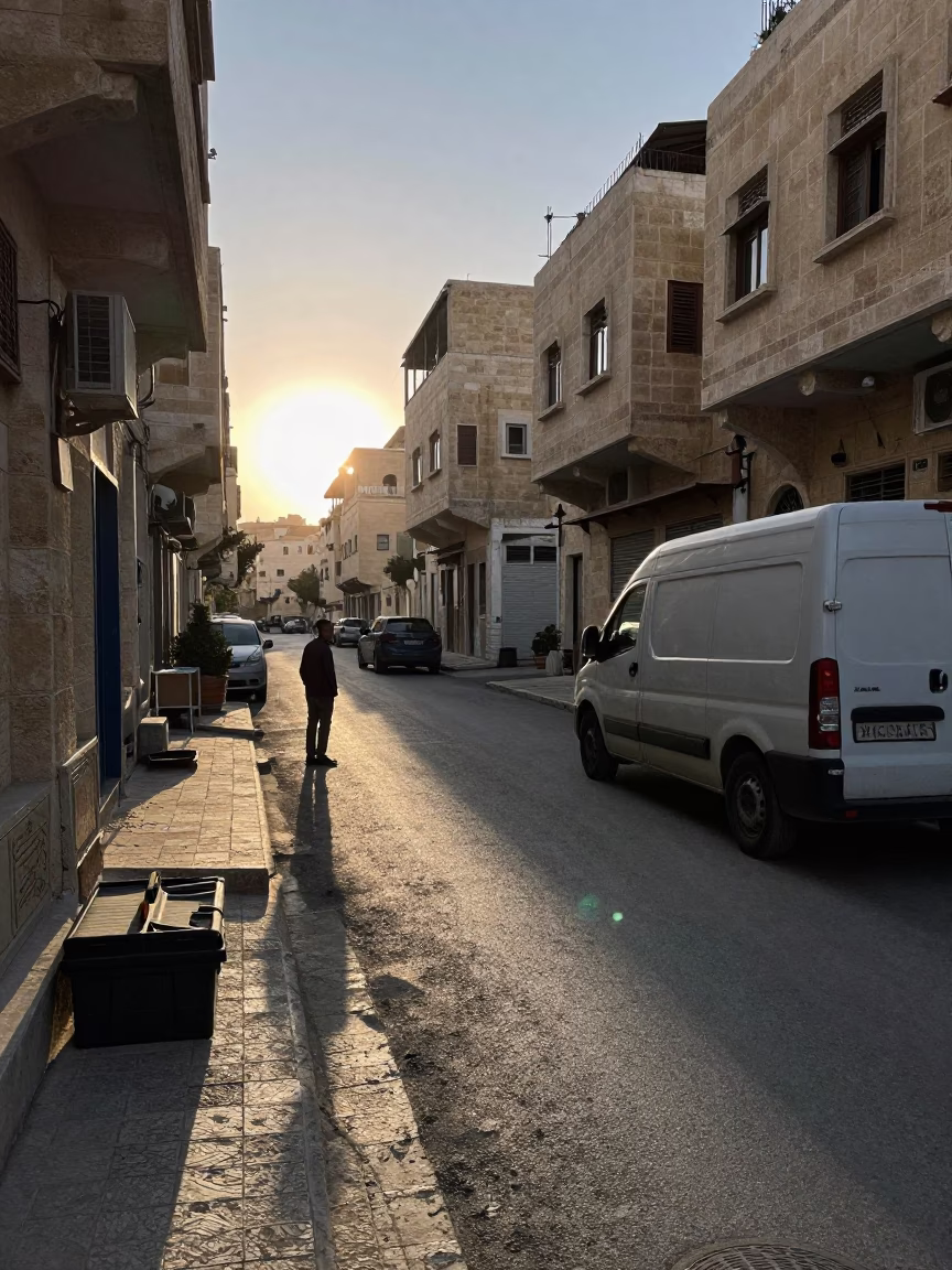 Amman Jordan Dawn Street Scene with Toolbox and Wicker Shadow Before Sunrise in in Amman, Jordan