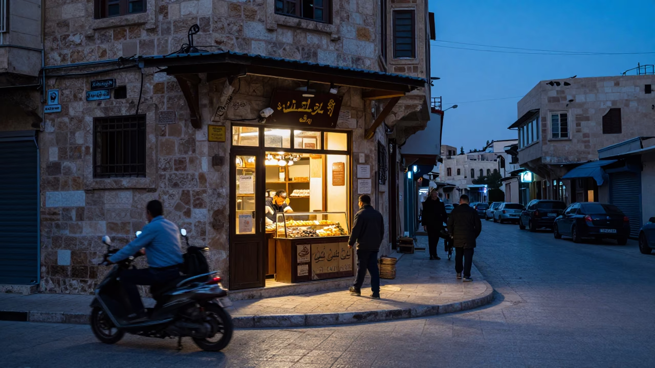 Amman Jordan Dawn Street Scene with Traditional Bakery and Morning Light in in Amman, Jordan