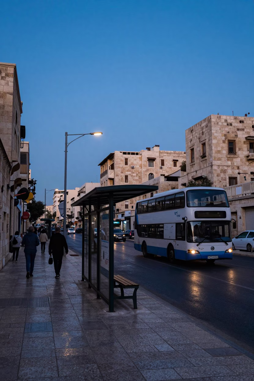 Amman Jordan Dawn Street Scene with Vintage Bus Stop and Local Commuters in in Amman, Jordan