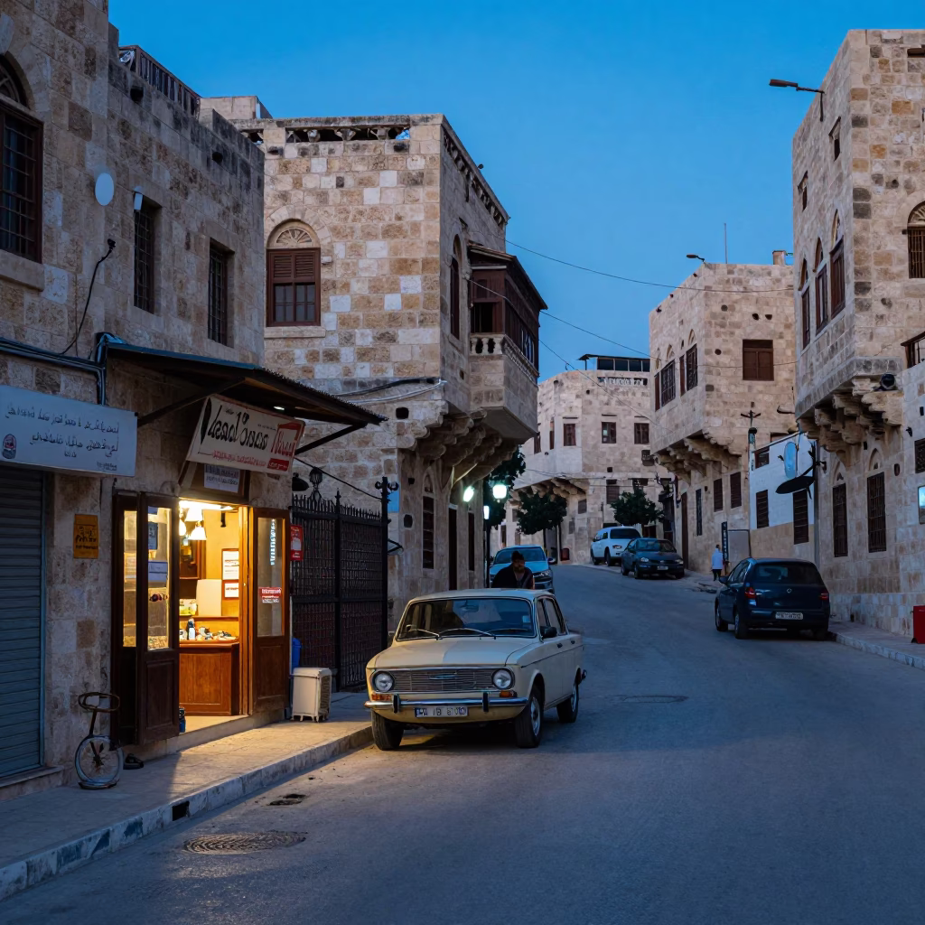 Amman Jordan Dawn Street Scene with Vintage Car and Local Commerce in in Amman, Jordan