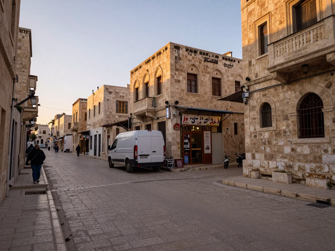 Amman Jordan Dawn Street Scene with White Van and Stone Architecture in in Amman, Jordan