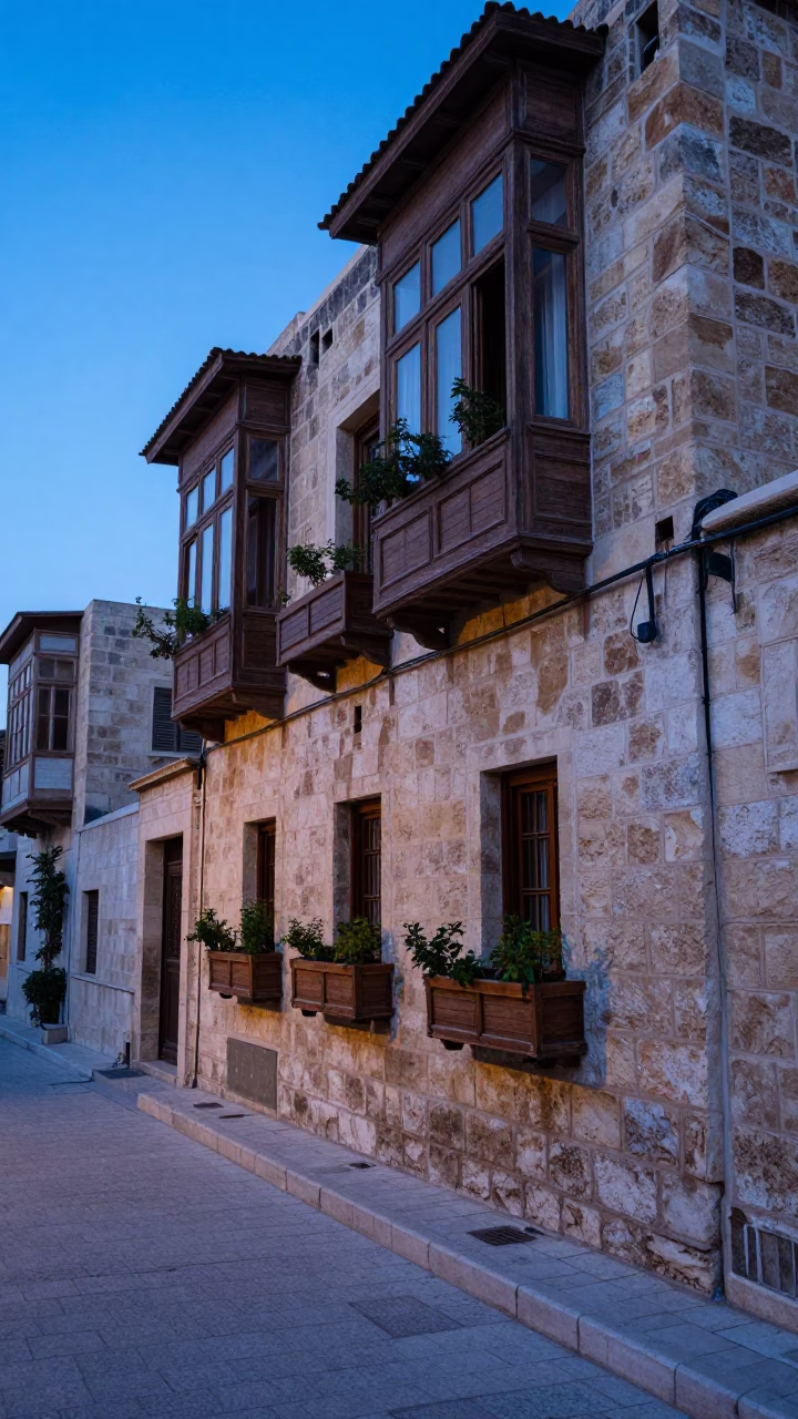 Amman Jordan Dawn Street Scene with Window Boxes and Hinge Detail in in Amman, Jordan