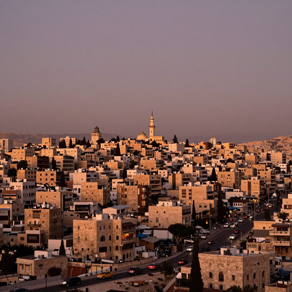 Amman Jordan Dusk Skyline View with Stone Architecture and Traffic in in Amman, Jordan