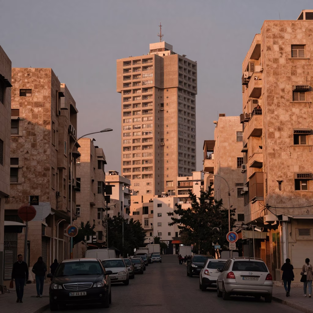 Amman Jordan Dusk Street Scene with Brutalist Concrete University Tower and Local Vendor in in Amman, Jordan