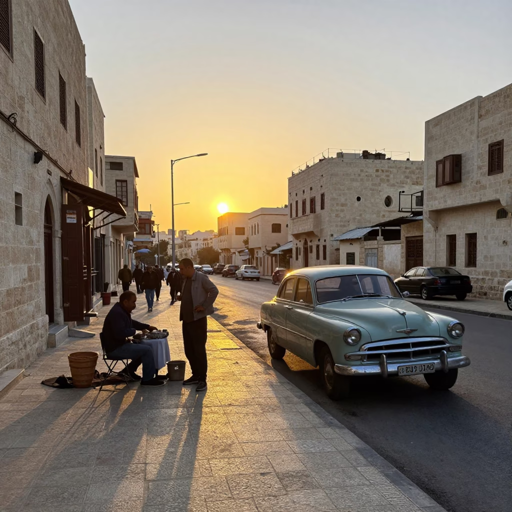 Amman Jordan Dusk Street Scene with Local Vendor and Vintage Automobiles in in Amman, Jordan