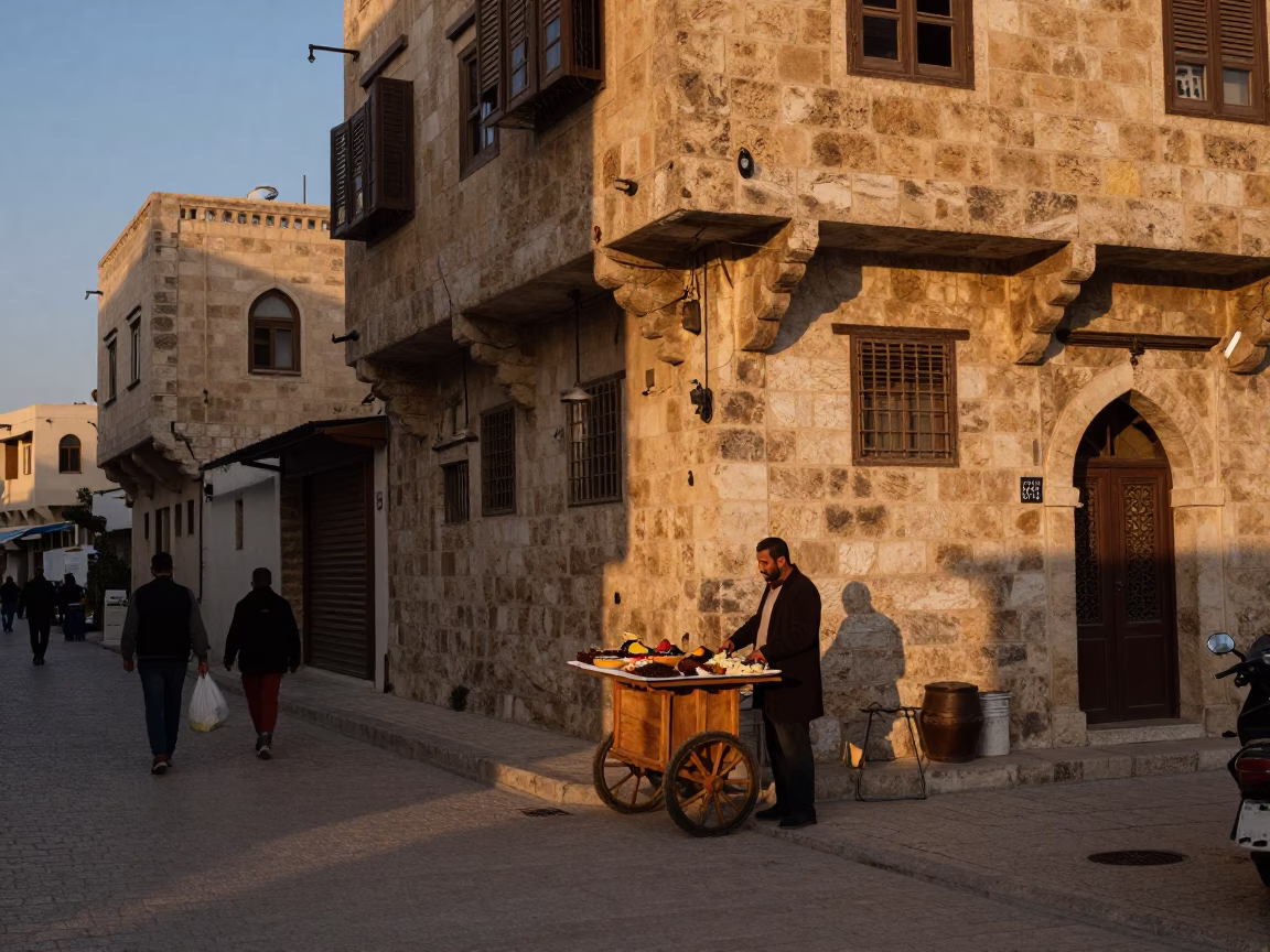 Amman Jordan Dusk Street Scene with Mezze Platter and Traditional Stone Architecture in in Amman, Jordan