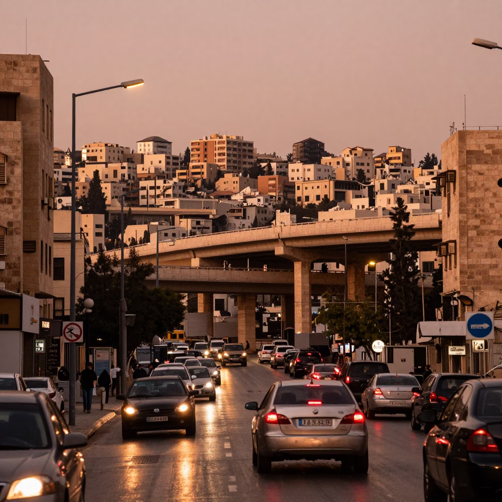 Amman Jordan Dusk Street Scene with Overpass Interchange and Taillight Streaks in in Amman, Jordan
