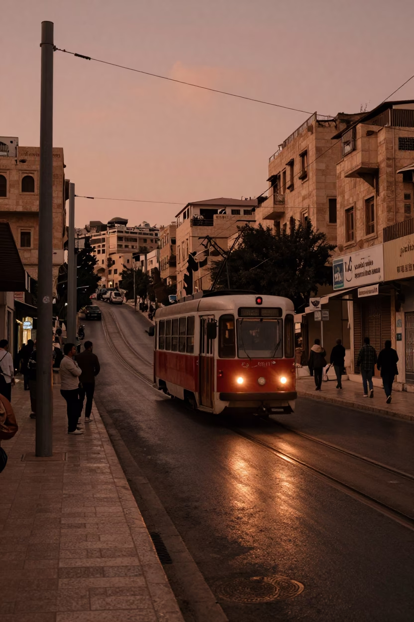Amman Jordan Dusk Street Scene with Tram and Local Life in in Amman, Jordan