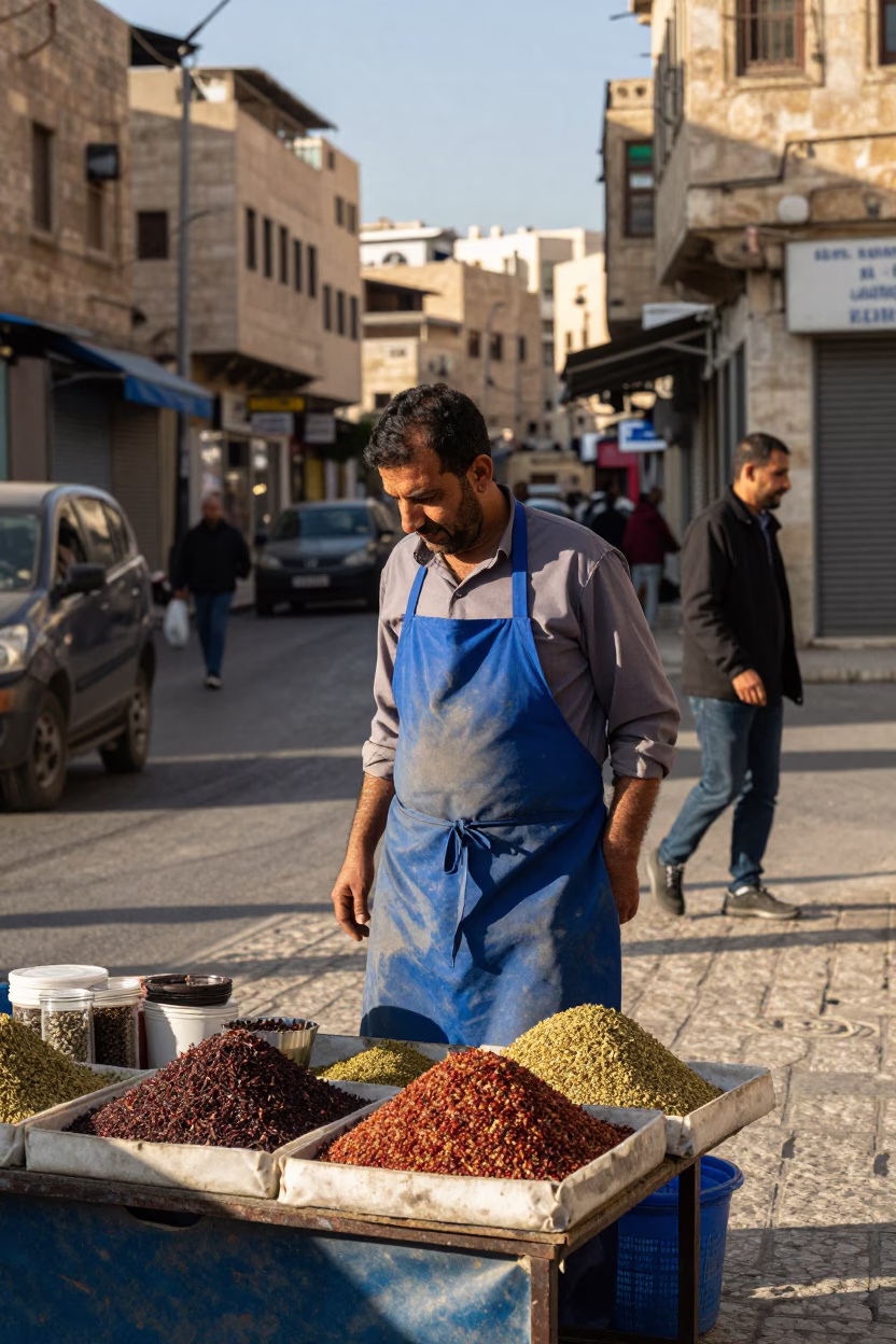 Amman Jordan Early Afternoon Street Scene with Local Apron Vendor in in Amman, Jordan