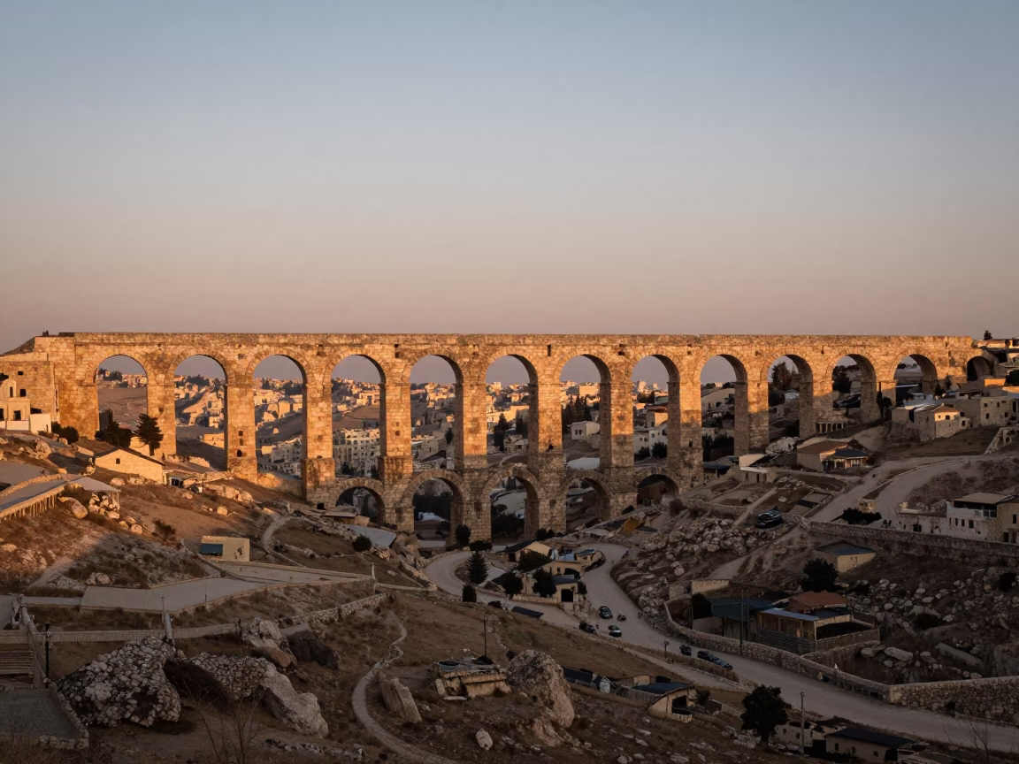 Amman Jordan Early Evening Roman Aqueduct and Valley Horizon Shot in in Amman, Jordan