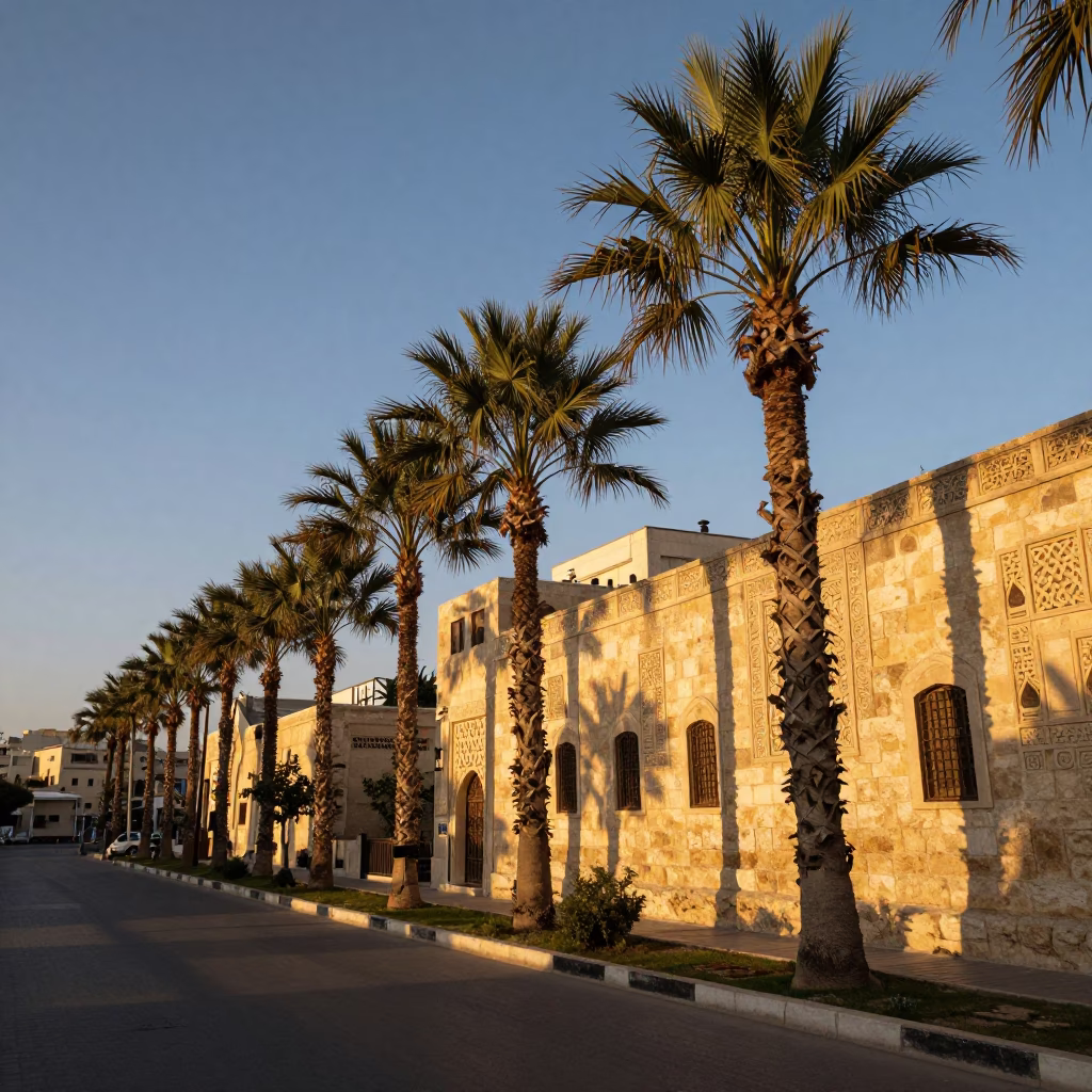 Amman Jordan Early Evening Street Scene with Palm Trees and Traditional Architecture in in Amman, Jordan