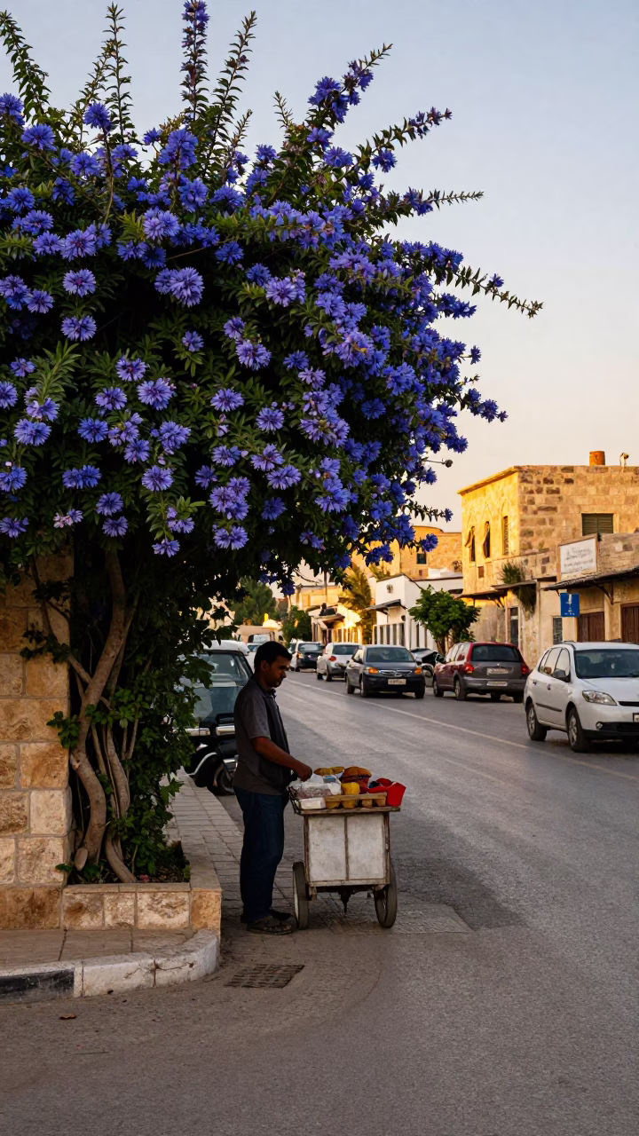 Amman Jordan Early Evening Street Scene with Plumbago Hedge and Local Vendor in in Amman, Jordan