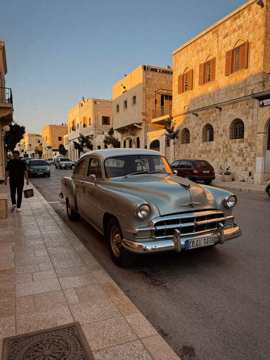 Amman Jordan Early Evening Street Scene with Vintage Car and Hotel Awning in in Amman, Jordan