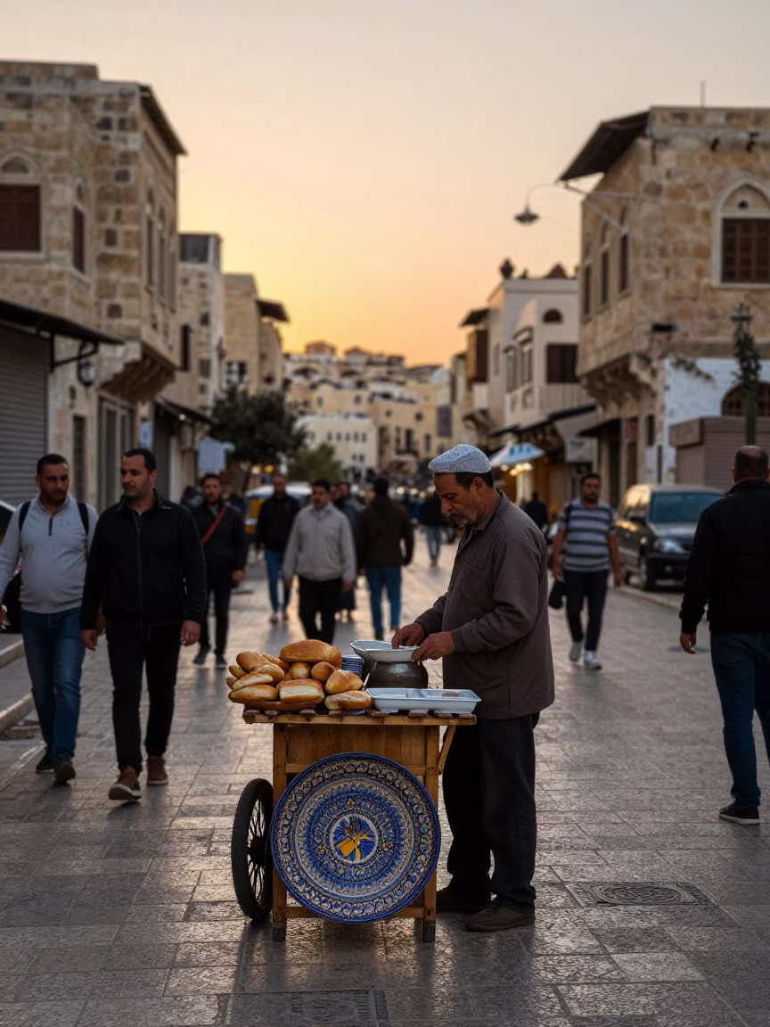 Amman Jordan Early Evening Street Scene with Vintage Majolica Plate and Candlestick in in Amman, Jordan