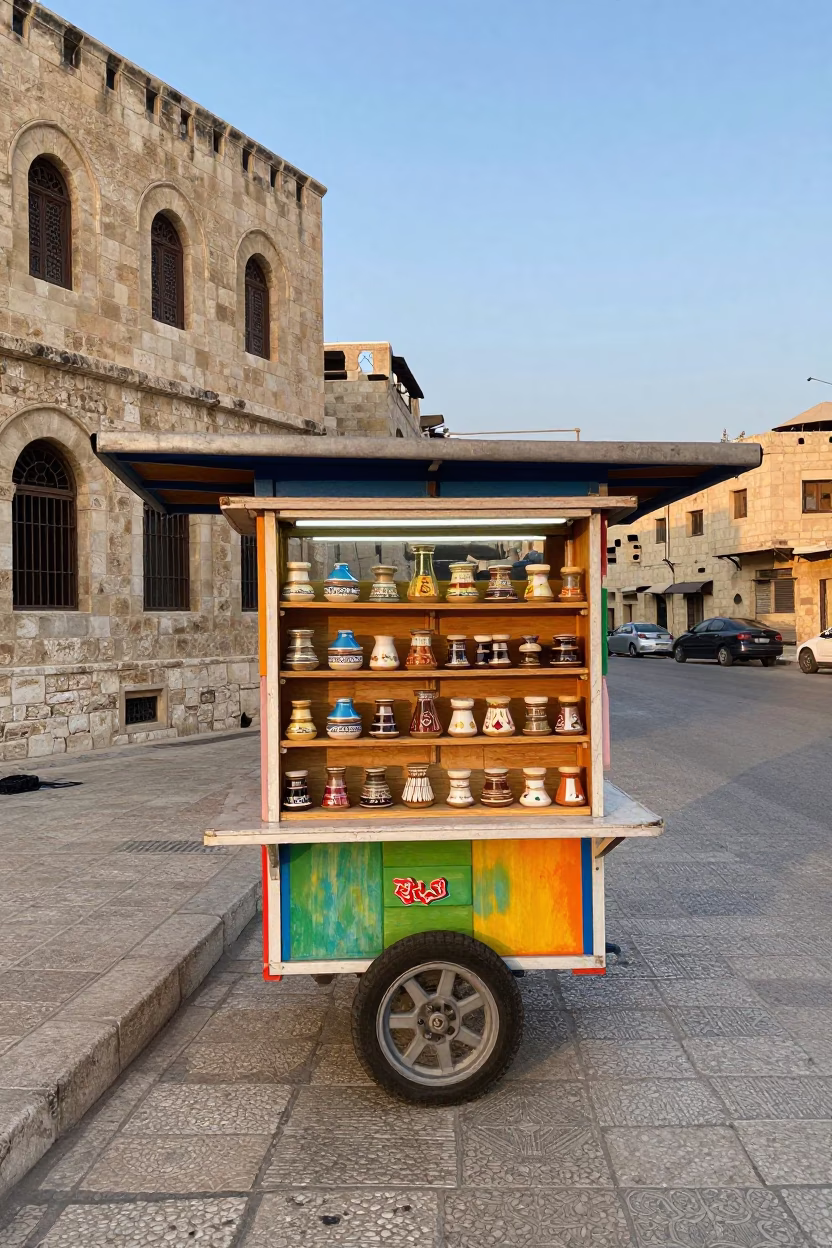 Amman Jordan Early Morning Street Scene with Colorful Vending Cart and Sunlight in in Amman, Jordan