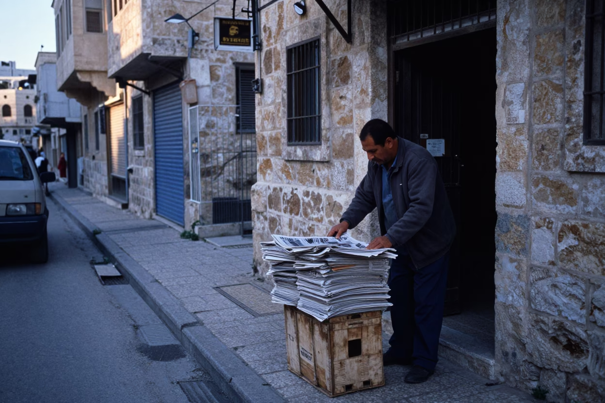 Amman Jordan Early Morning Street Scene with Newspaper Stack and Latch Detail in in Amman, Jordan