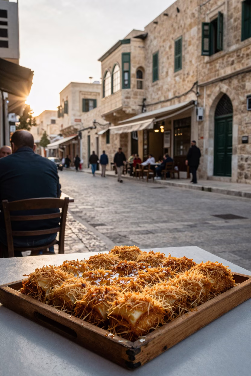 Amman Jordan Early Morning Street Scene with Traditional Knafeh Dessert and Vintage Bicycle in in Amman, Jordan