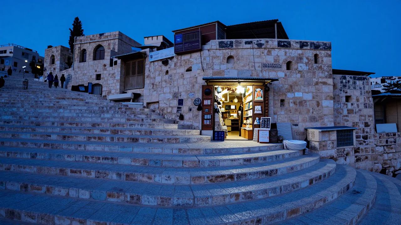 Amman Jordan Evening Blue Hour Stone Steps Local Shopkeeper Woven Mat in in Amman, Jordan