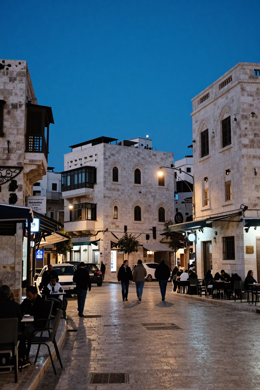 Amman Jordan Evening Blue Hour Street Scene with Local Coffee Culture in in Amman, Jordan