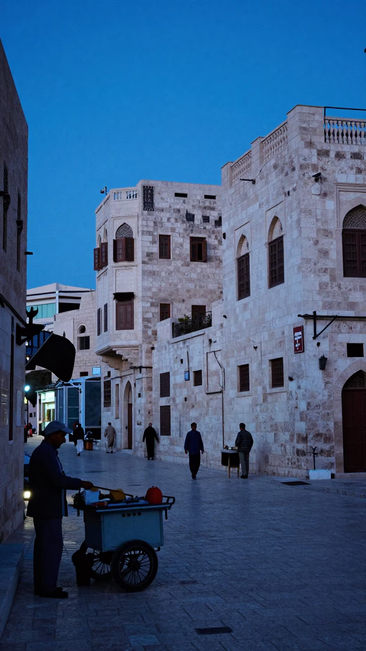 Amman Jordan Evening Blue Hour Street Scene with Local Life and Architecture in in Amman, Jordan