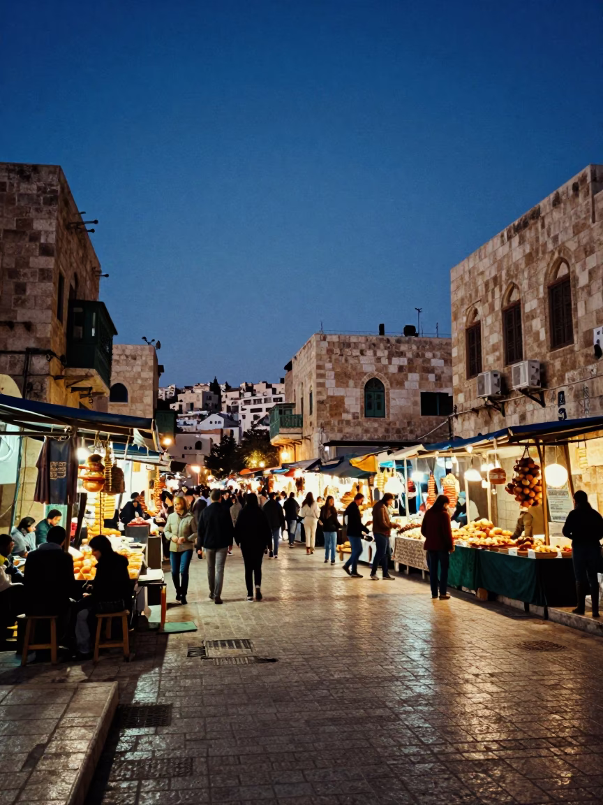 Amman Jordan Evening Blue Hour Street Scene with Local Market Activity in in Amman, Jordan