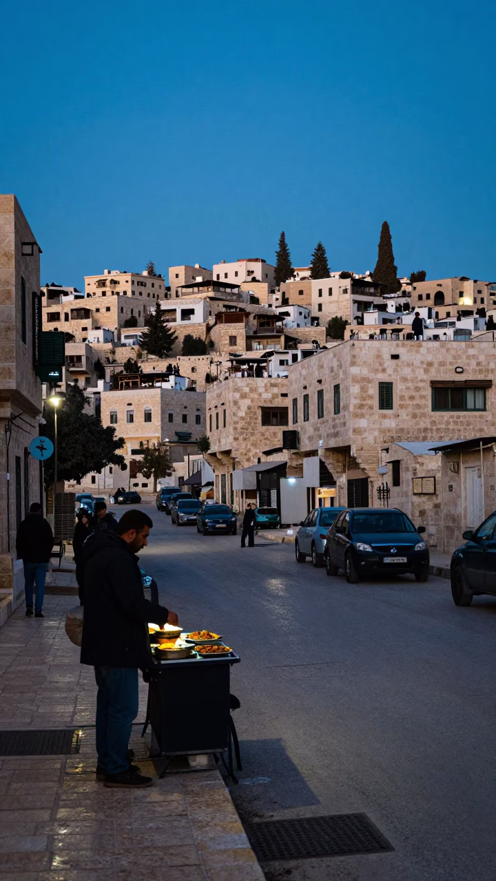 Amman Jordan Evening Blue Hour Street Scene with Local Vendor and Traffic in in Amman, Jordan